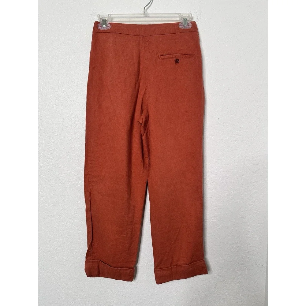 Aritzia Wilfred Allant Cropped Linen Pants Sz 2 Tie Waist Buttons Fly Rust Orang